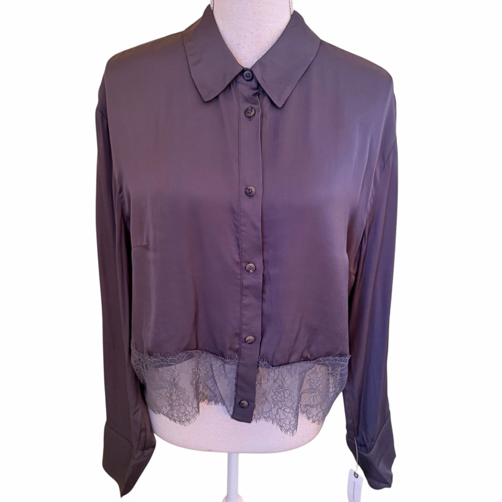 by Anthropologie Grey Satin Long Sleeve Blouse with Lace Hem M